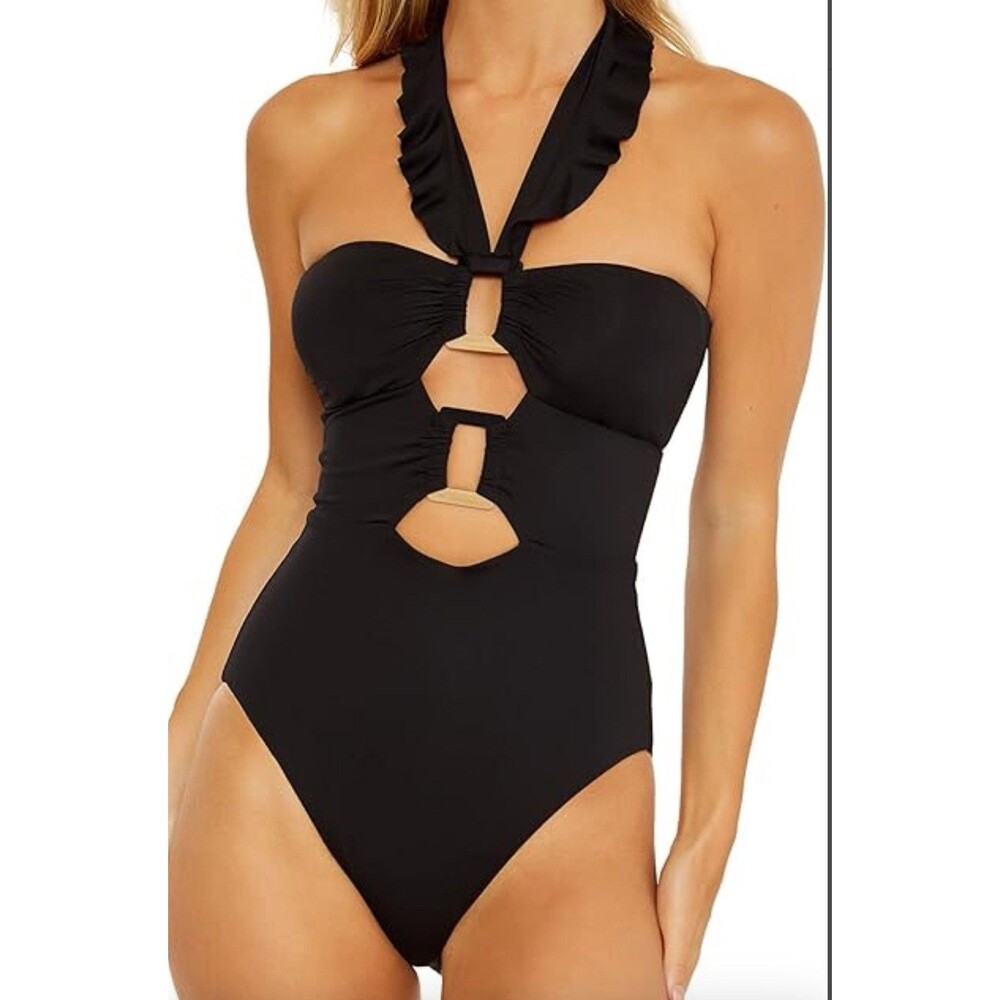 Soluma Women's One Piece Bandeau Swimsuit with Cut Out Neckline black size small